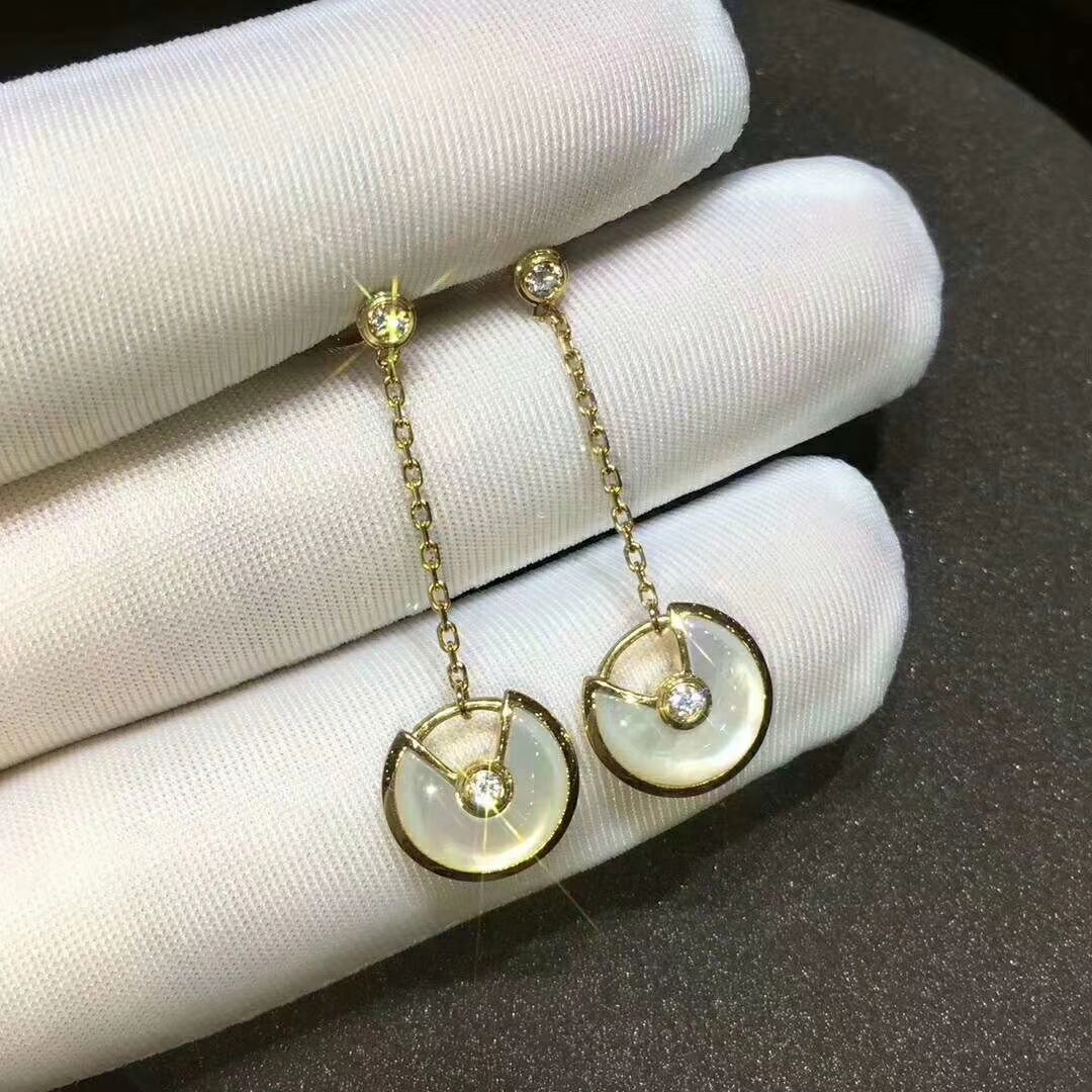 Custom Made Amulette de Cartier Drop Earrings 18k Yellow Gold with Mother of Pearl set with 4 Diamonds