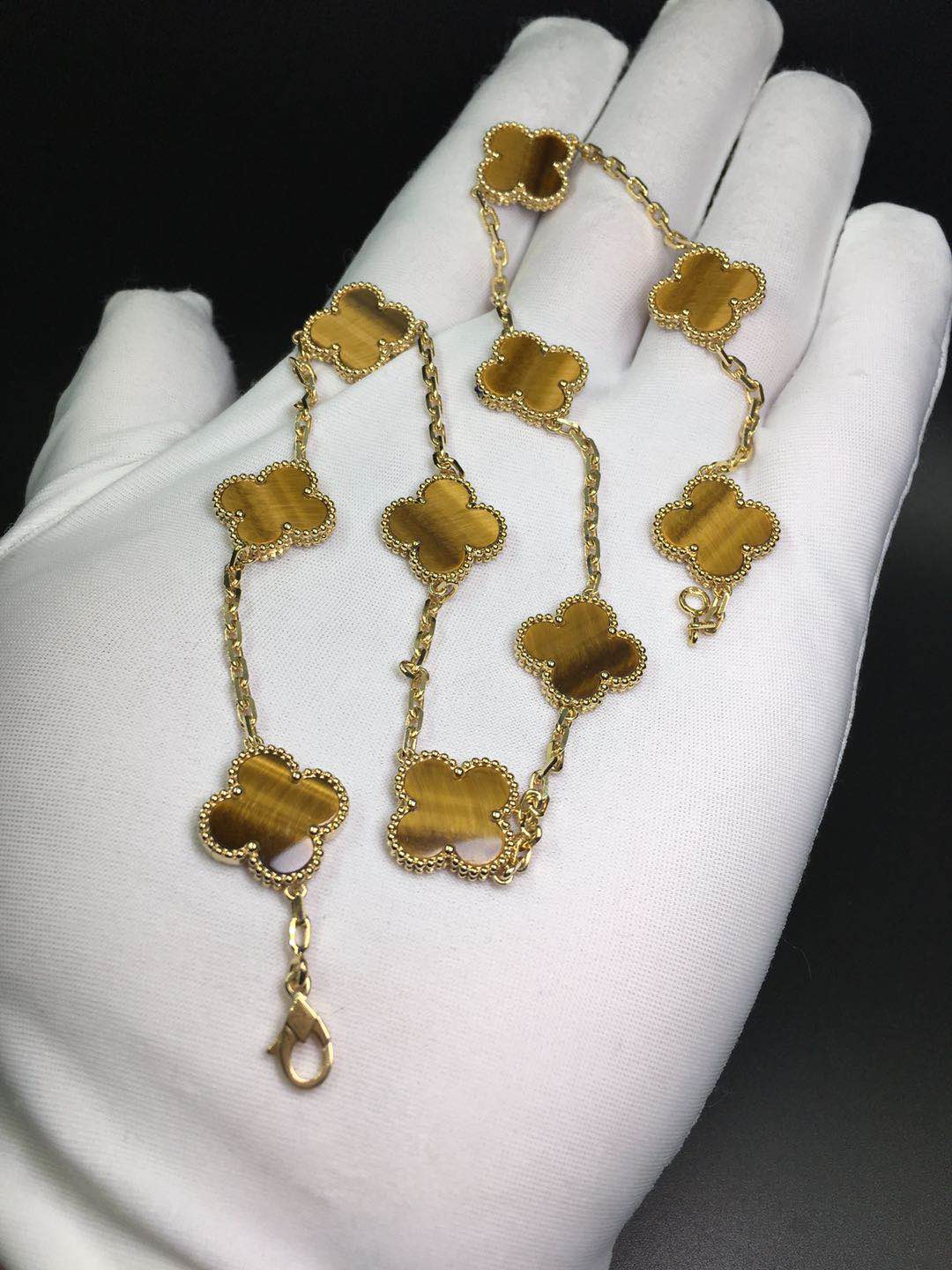 18k Gold Van Cleef & Arpels Vintage Alhambra Long Necklace 20 Tiger Eye Motifs VCARD39900