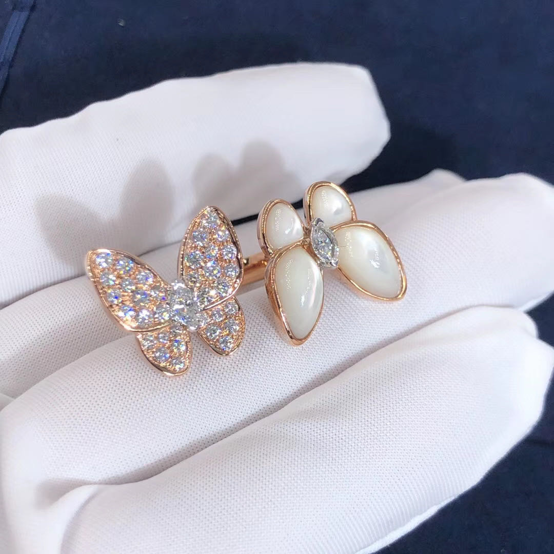 Inspired 18K Pink Gold Van Cleef & Arpels Two Butterfly Between the Finger ring diamond MOP