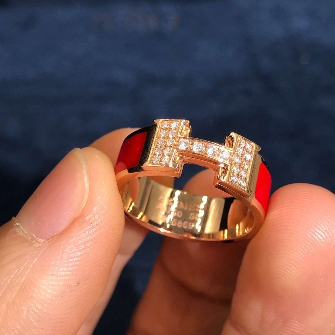 Inspired Hermes Clic H Red Enamel Ring 18k Rose Gold set with diamond