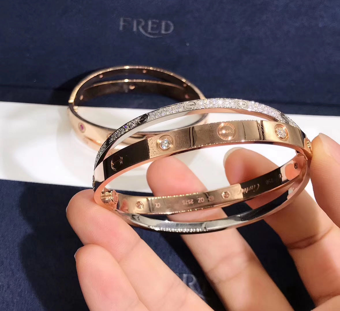 Cartier Cross Love Bracelet in 18k Pink Gold and White Gold pave Diamonds N6039217