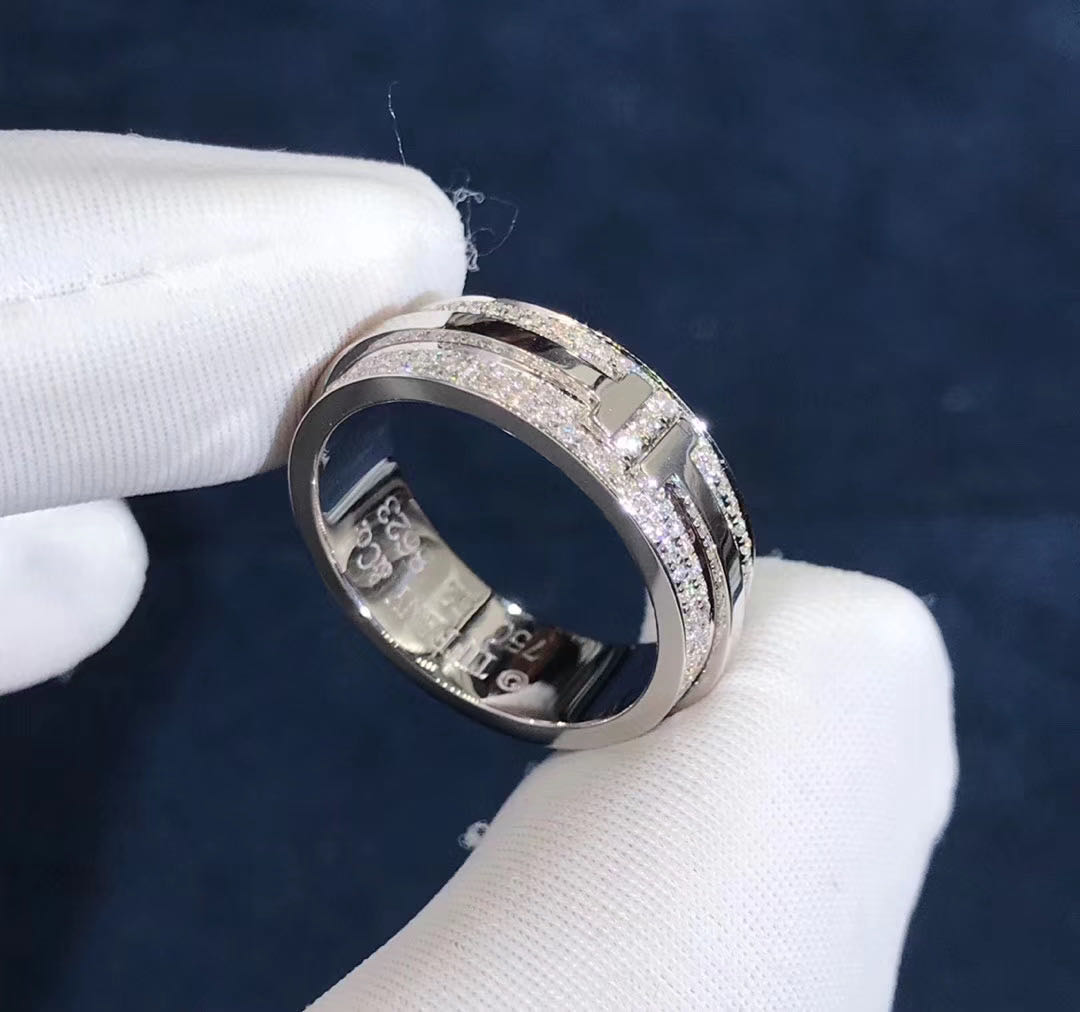 Inspired Tiffany T Two Narrow Ring in 18k White Gold with Pavé Diamonds