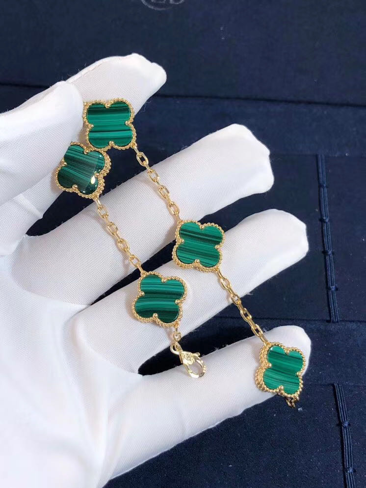 Custom Van Cleef & Arpels 18K Yellow Gold Malachite 5 Motifs Vintage Alhambra Bracelet VCARL80900