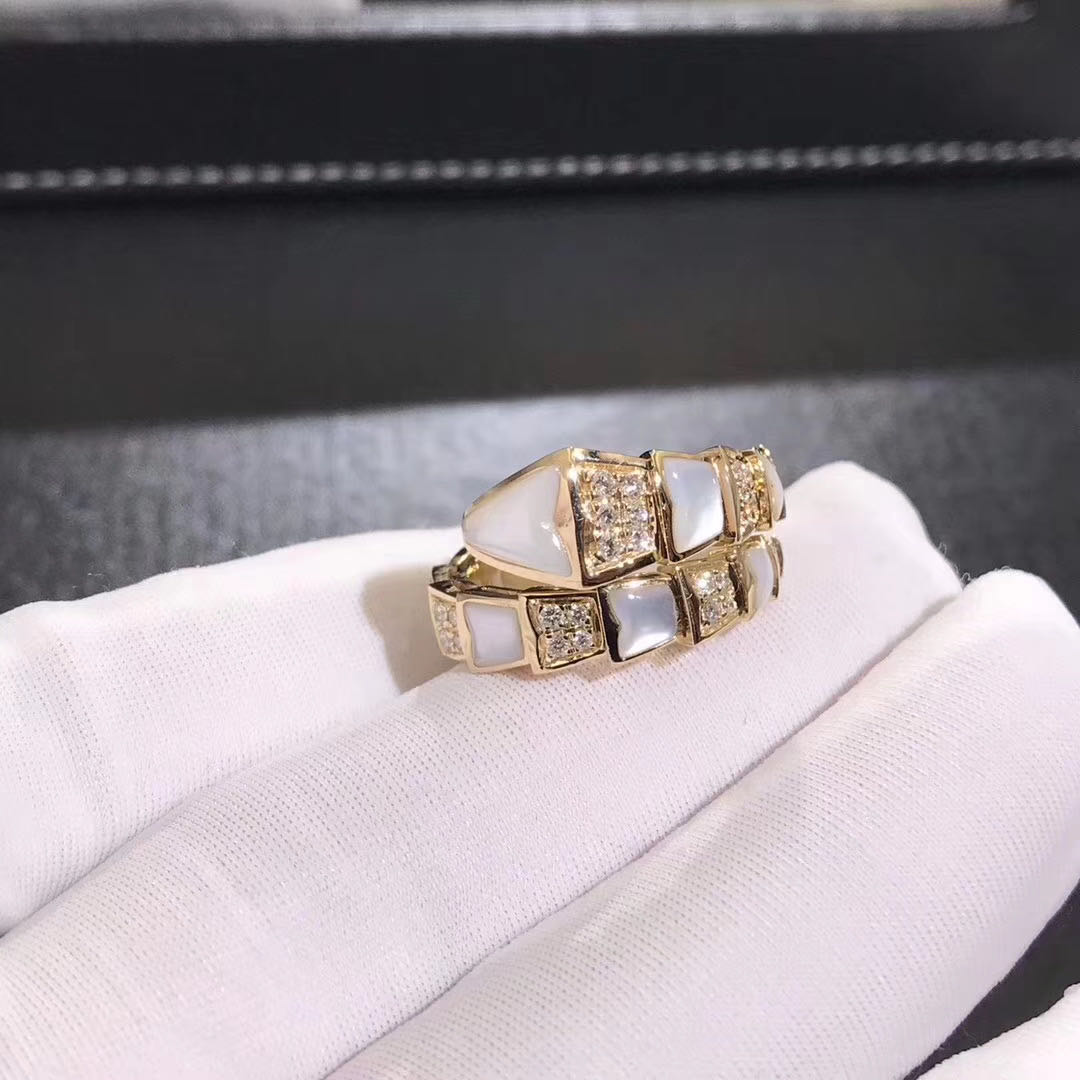 Bvlgari Serpenti one-coil ring in 18kt white gold, set with white mother of pearls elements and demi pavé diamonds