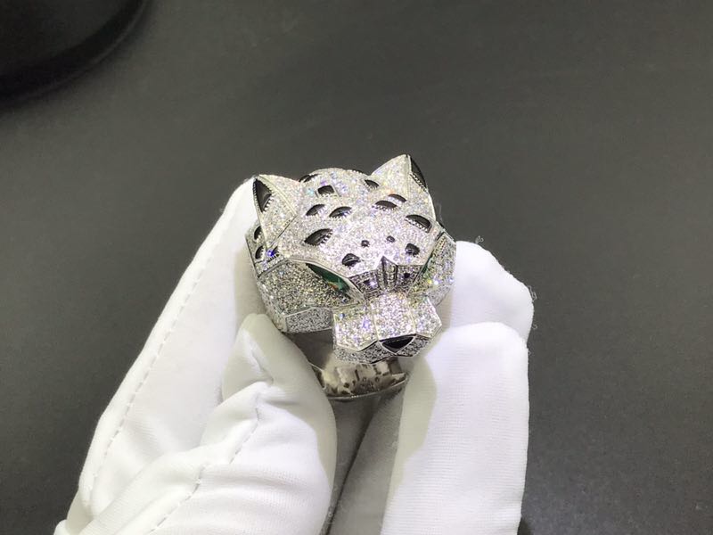 Custom Cartier 18k White Gold Full Diamond Pave Onyx Emerald Panthere de Cartier ring H4179600