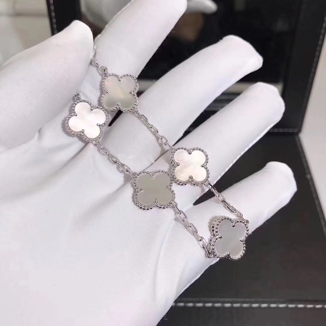 Van Cleef & Arpels 18k White Gold 5 Motifs White Mother Of Pearl Vintage Alhambra Bracelet VCARF48400