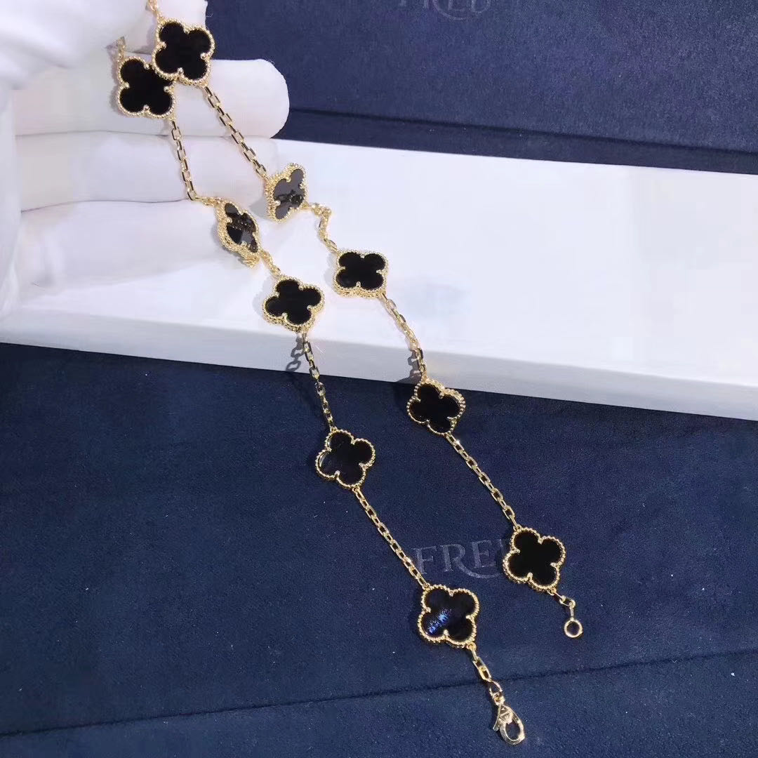 18K Yellow Gold Van Cleef & Arpels Vintage Alhambra Black Onyx 10 Motifs Long Necklace VCARA42700