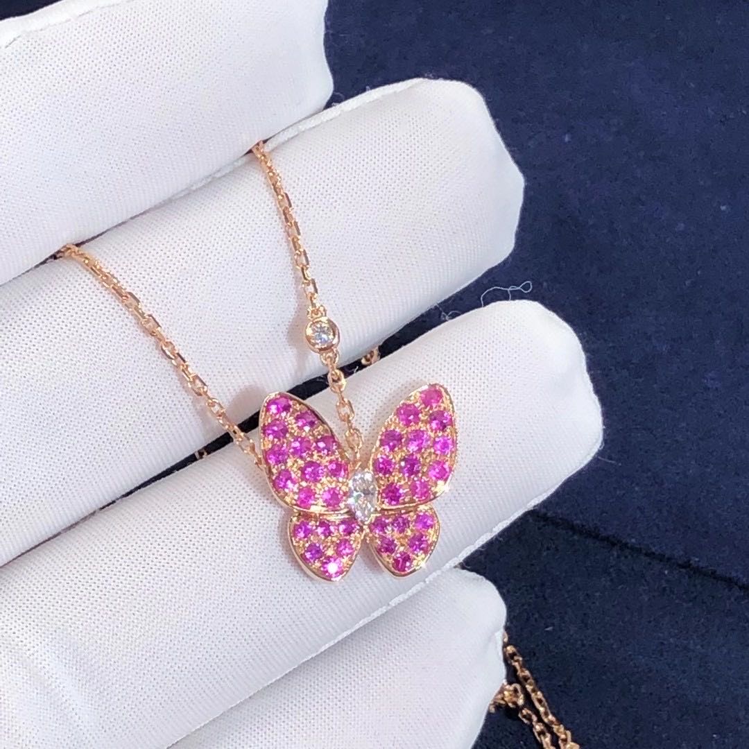Van Cleef & Arpels Diamond Ruby 18k Rose Gold Butterfly Necklace VCARO3M200