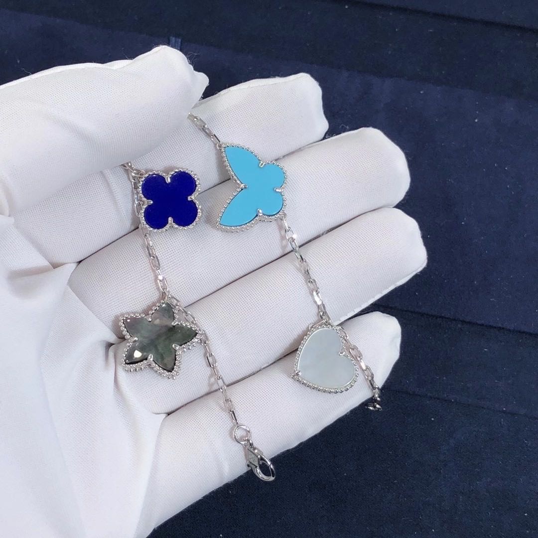 Van Cleef & Arpels Lucky Alhambra 18K White Gold Lapis Mop Turquoise Bracelet