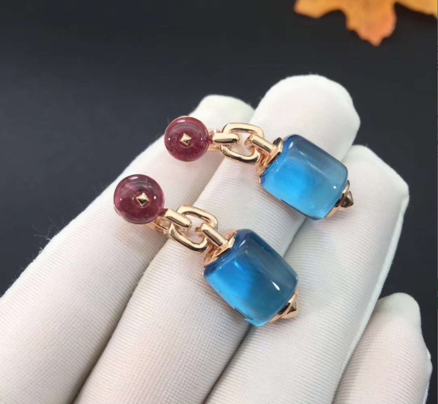Custom Bvlgari Mvsa Earrings in 18k Pink Gold with Blue Topaz and Rubellite Beads