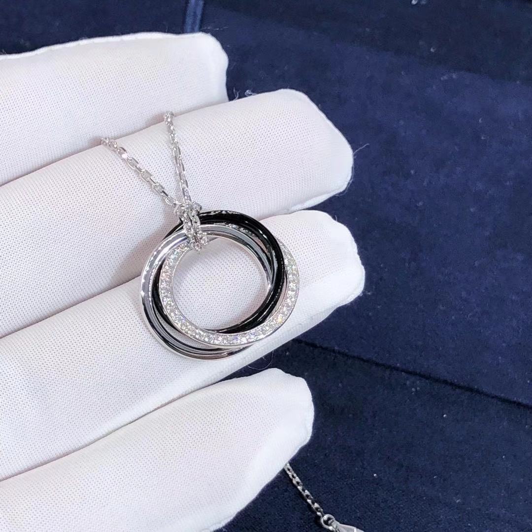 Cartier 18K White Gold Black Ceramic Diamond Trinity Pendant Necklace B3045500