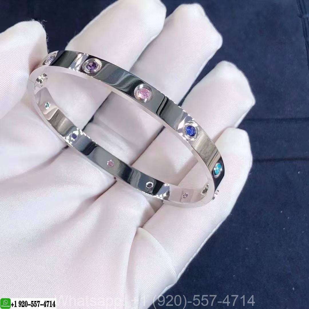 Custom Cartier Love Bracelet 18k White Gold with 10 Gemstones B6036317