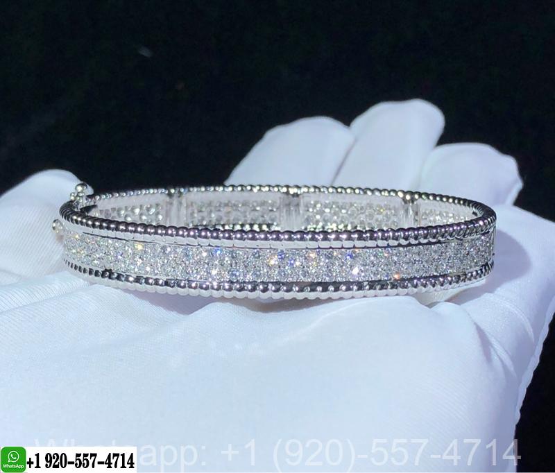 Custom Van Cleef & Arpels 18K White Gold Medium Model 3 Rows Perlée Diamonds Bracelet VCARP5E700