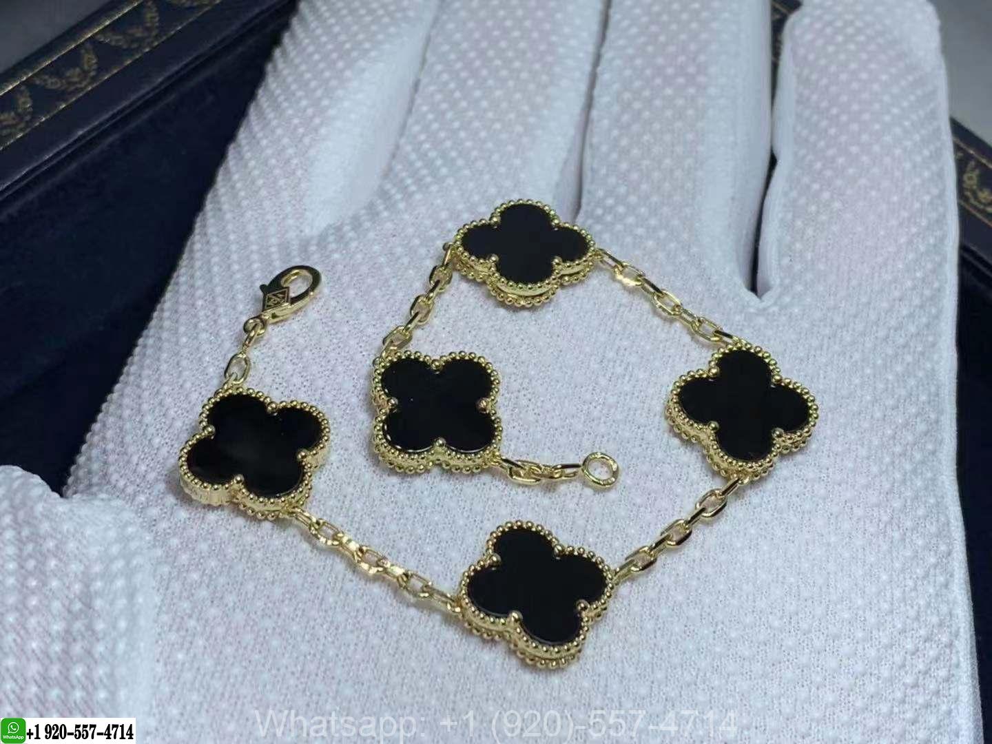 Van Cleef & Arpels 18K Yellow Gold Black Onyx 5 Motifs Vintage Alhambra Bracelet VCARA41300