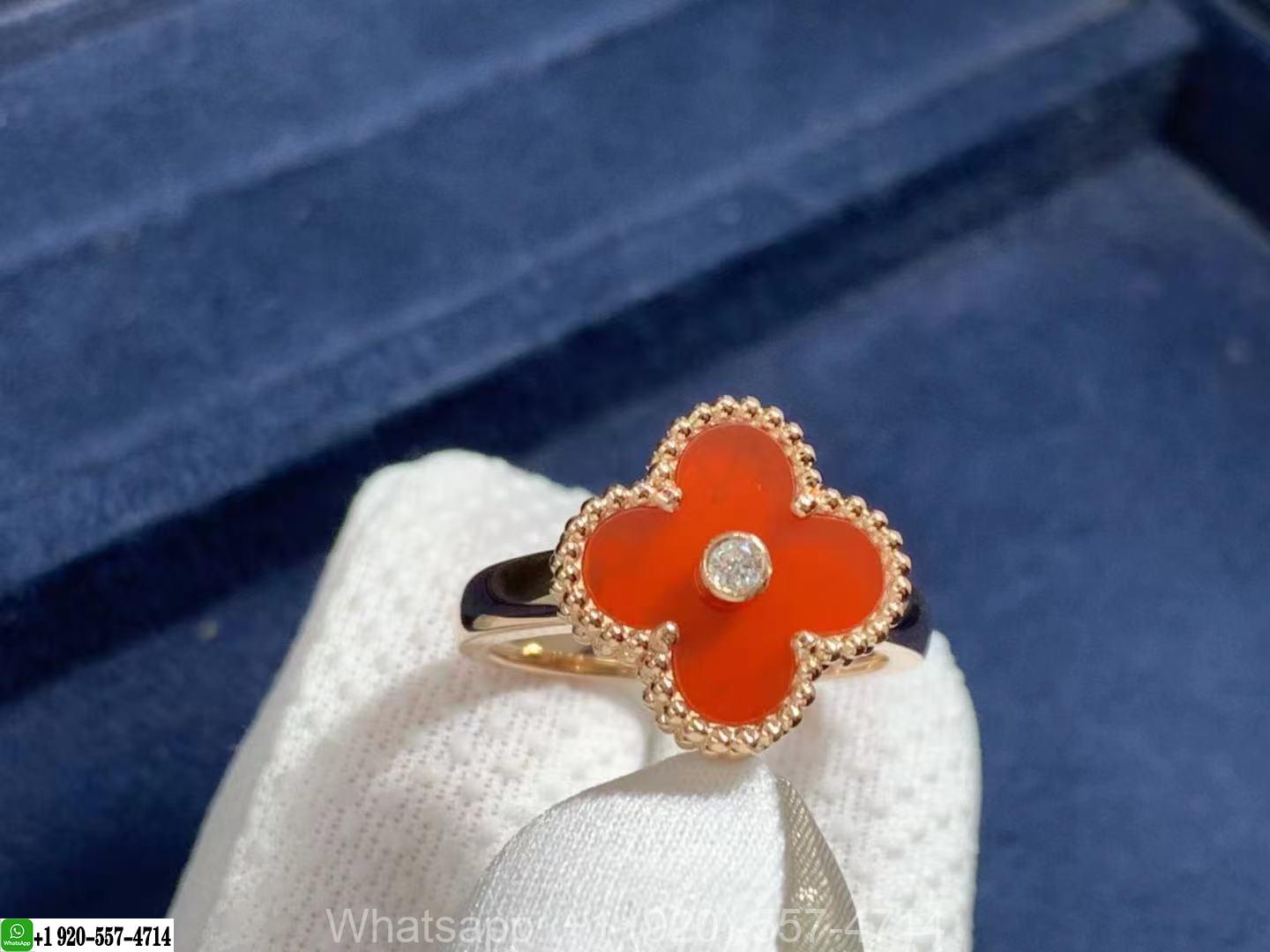 Van Cleef & Arpels 18K Rose Gold Carnelian & Diamond Vintage Alhambra Ring