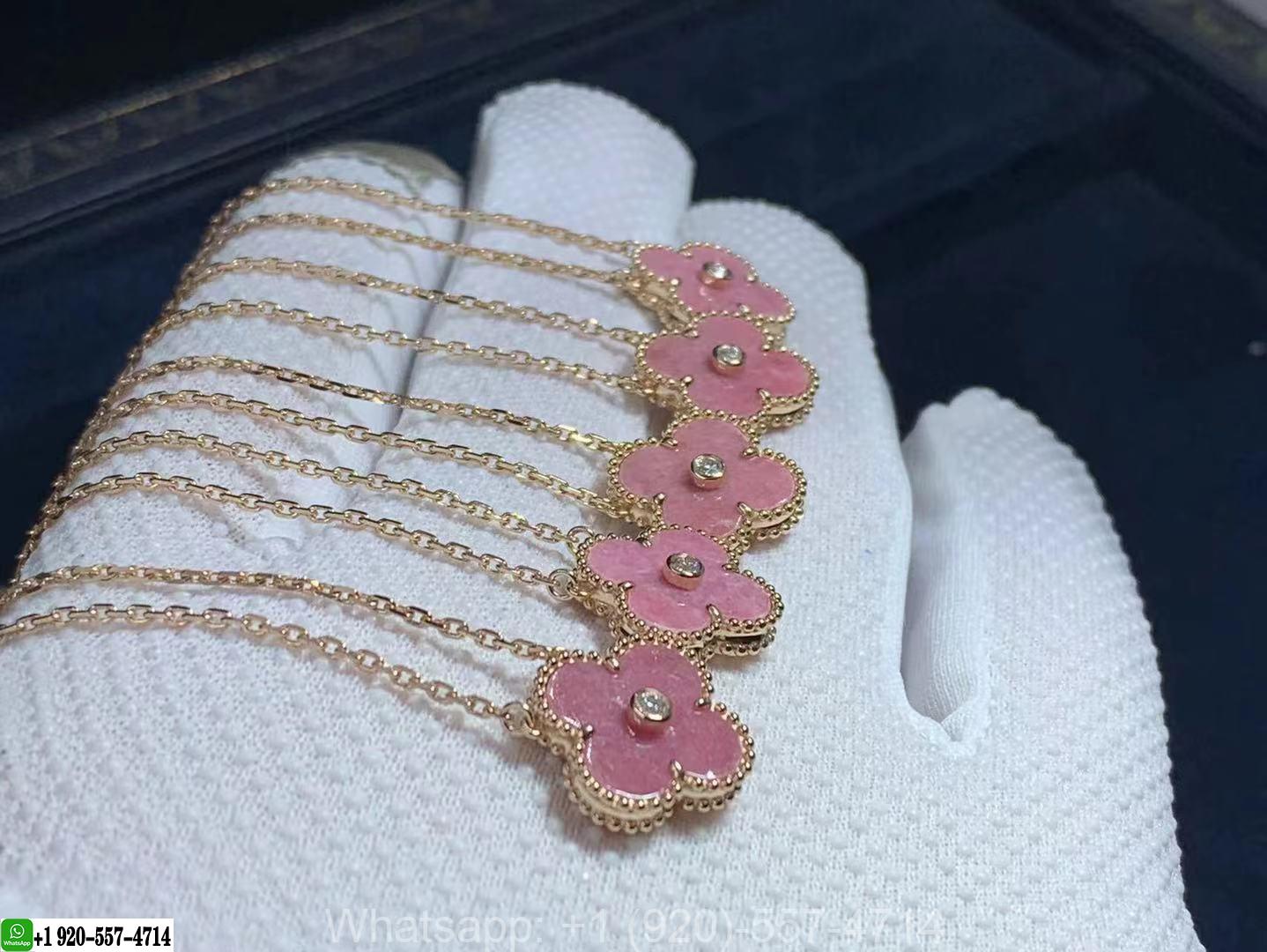 Van Cleef & Arpels 18K Rose Gold Vintage Alhambra Diamond Rhodonite Pendant Necklace VCARP7TD00