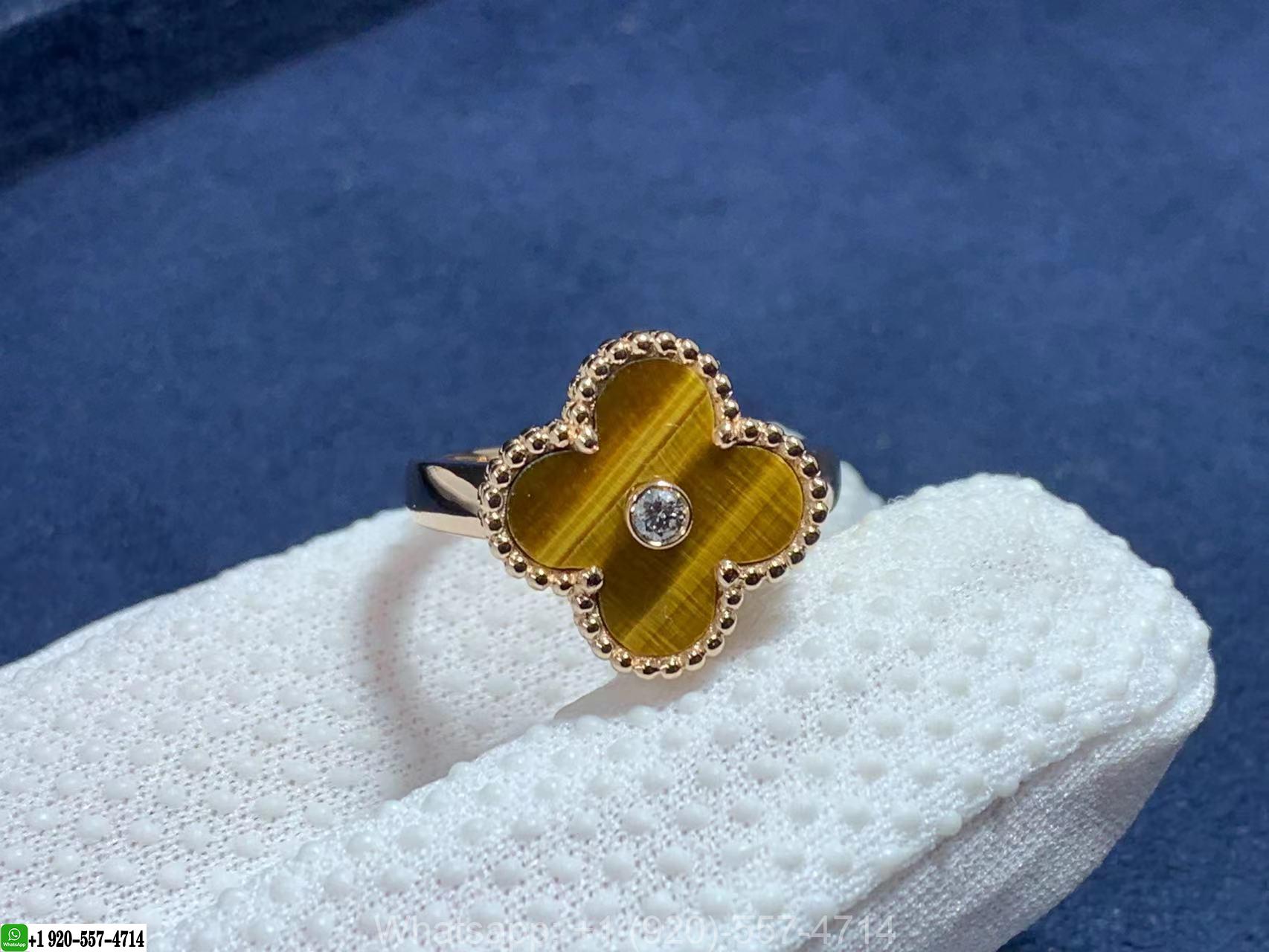 Van Cleef & Arpels Vintage Alhambra Diamond Tiger Eye 18k Yellow Gold Ring VCARD40900