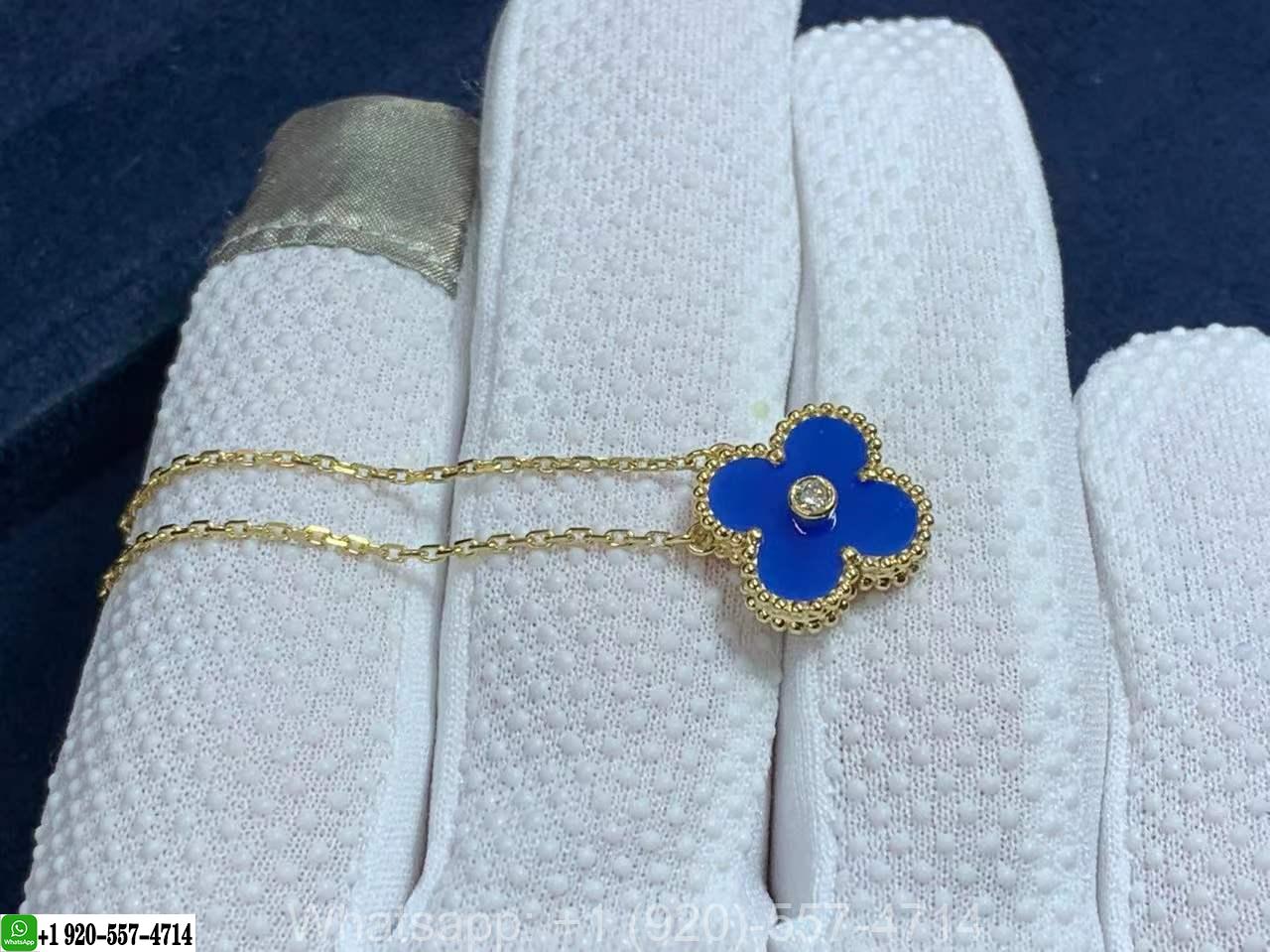 Van Cleef Arpels 18K Yellow Gold Blue Agate Diamond Single Motif Vintage Alhambra Pendant Necklace