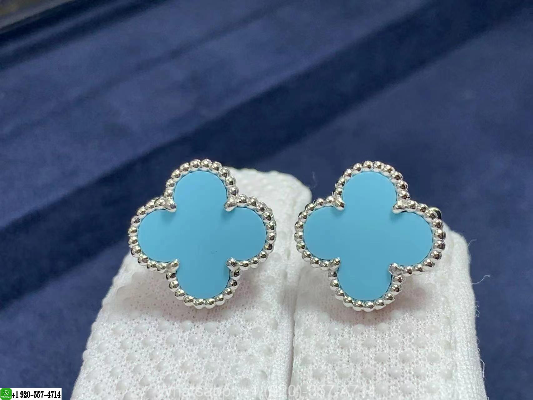 Authentic Van Cleef & Arpels 18K White Gold Turquoise Vintage Alhambra Earrings